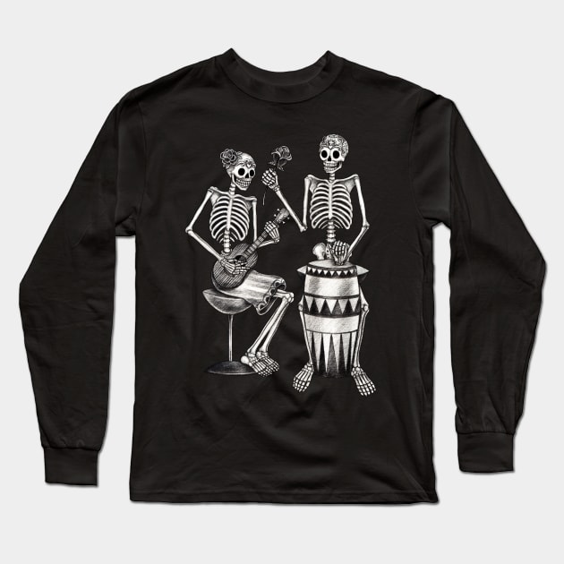 Sugar skull couple lover playing drum and ukulele celebration day of the dead. Long Sleeve T-Shirt by Jiewsurreal